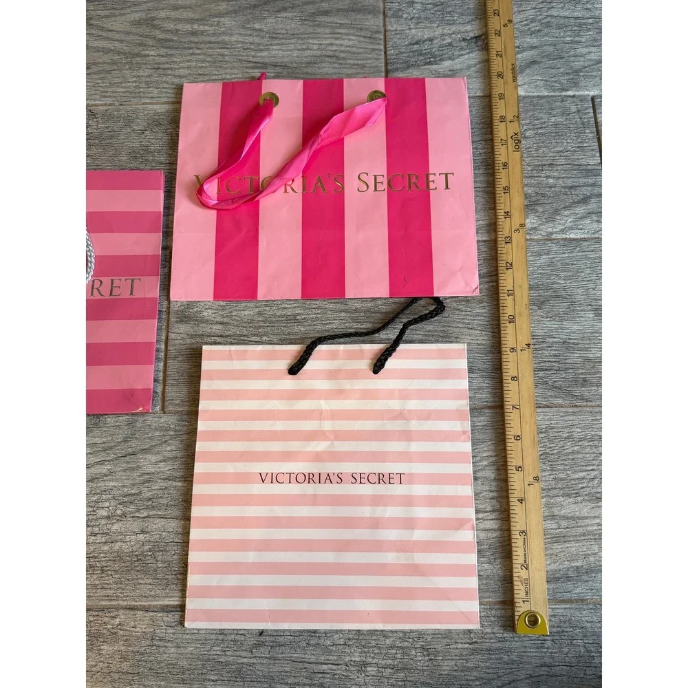 Victoria's Secret Gift Bags Set of 3 Pink Striped Lingerie Paper Bag Tote Ribbon